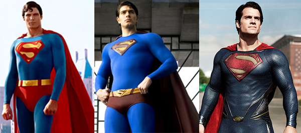 Superman-Evolution von Links nach rechts: Strumpfhosenmann, Badehosenmann, Man of Steel 